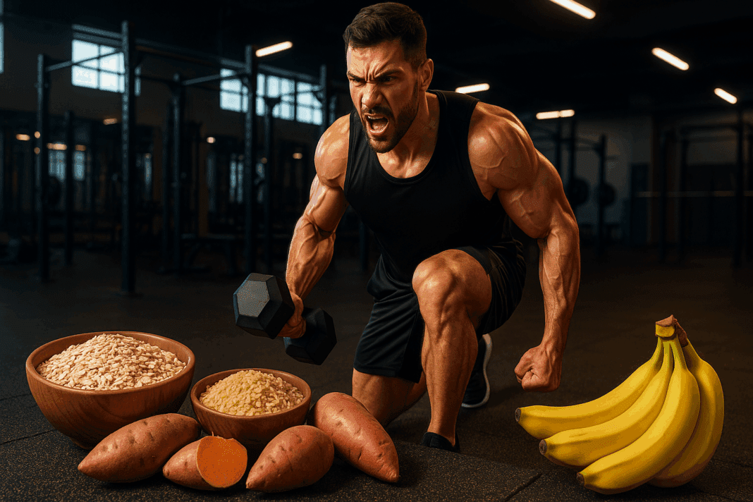 Muscular athlete training in gym with oats, rice, bananas, and sweet potatoes highlighting carbs for muscle growth