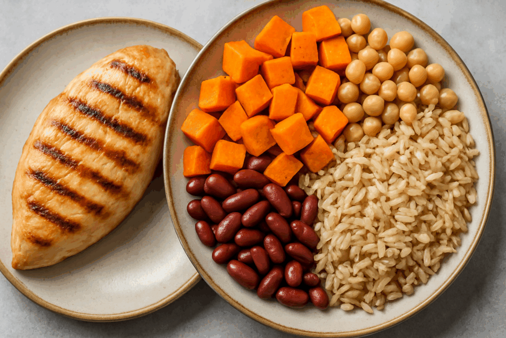 Grilled chicken breast with sweet potatoes, kidney beans, chickpeas, and brown rice highlighting essential carbs for muscle growth.