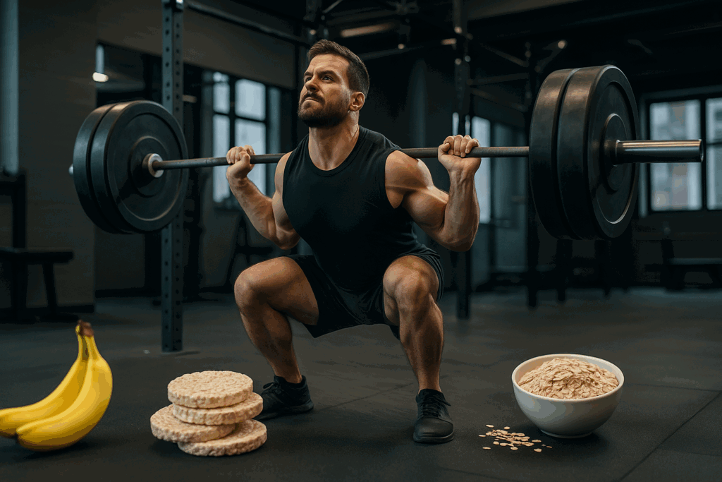 Athlete performing a heavy squat in a gym surrounded by bananas, rice cakes, and oats to highlight carbs for muscle growth.