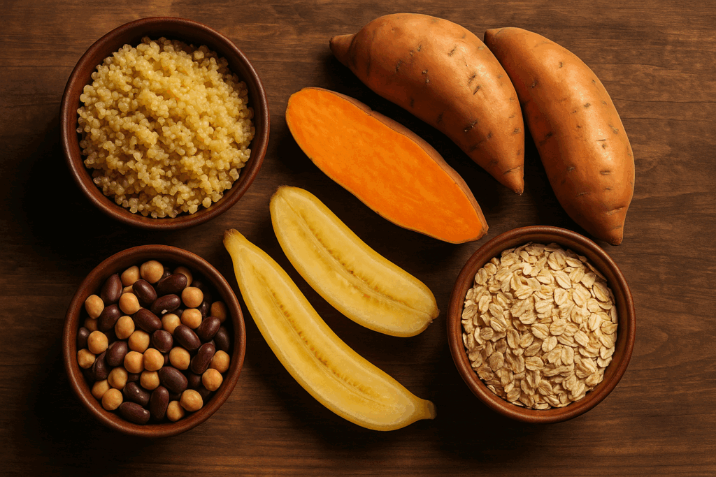 Nutrient-dense carbs for muscle growth including quinoa, sweet potatoes, banana halves, oats, and legumes arranged on a rustic wooden table