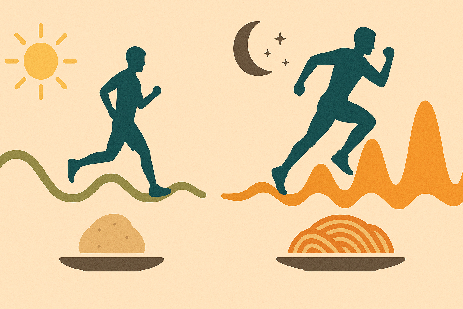Infographic showing carb periodization for athletes, contrasting low activity with small portions and high activity with larger portions to illustrate carbs for muscle growth