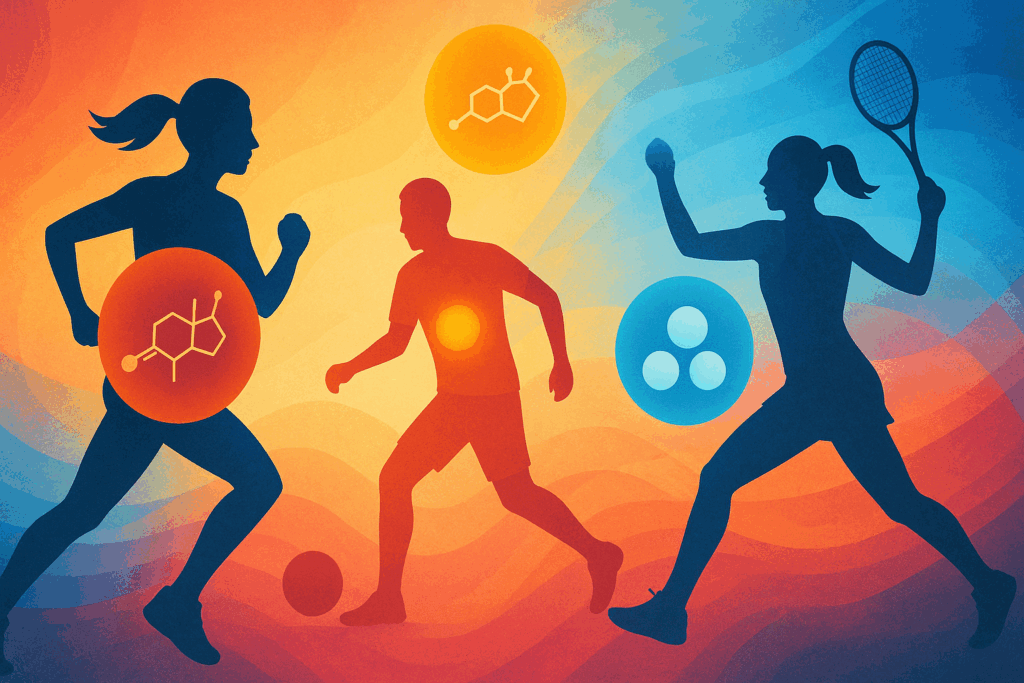 Silhouettes of athletes with floating hormone symbols representing how carbs for muscle growth influence testosterone, cortisol, and insulin balance