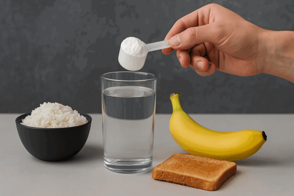 Hand holding a creatine scoop above a glass of water, surrounded by carbs for muscle growth like white rice, banana, and toast.