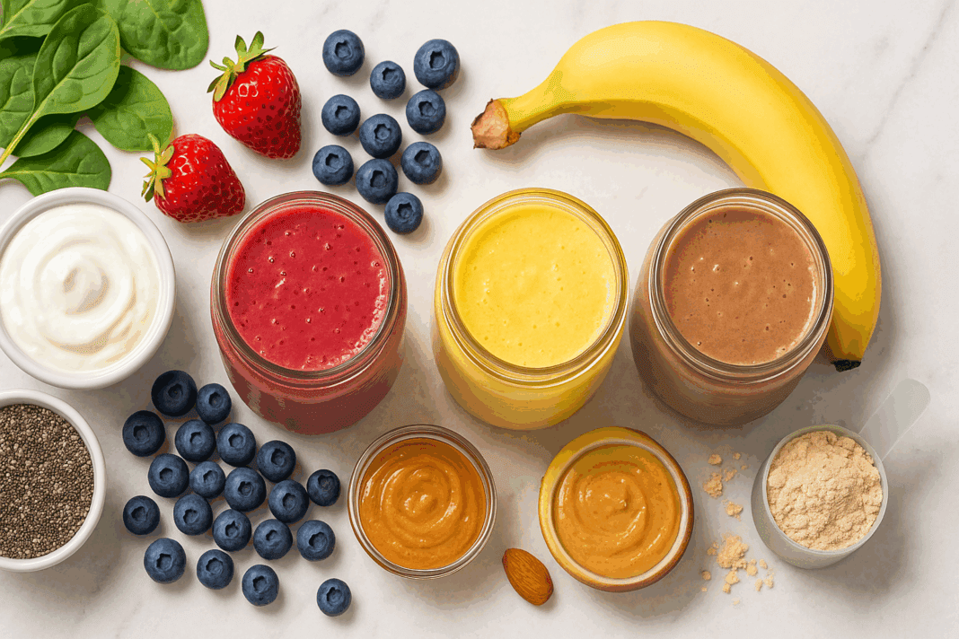 Four glass jars of colorful healthy smoothies surrounded by fresh ingredients like berries, spinach, chia seeds, bananas, nut butters, yogurt, and protein powder on a marble surface.
