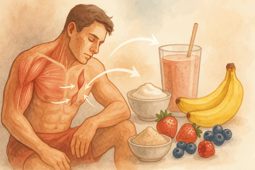 Post-workout human body illustration showing muscle fiber repair with nearby healthy smoothies and protein-rich foods like yogurt, bananas, and berries.