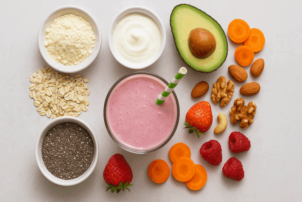 Top-down view of colorful ingredients for healthy smoothies, including yogurt, protein powder, chia seeds, oats, avocado, nuts, berries, carrots, and a pink smoothie in the center.