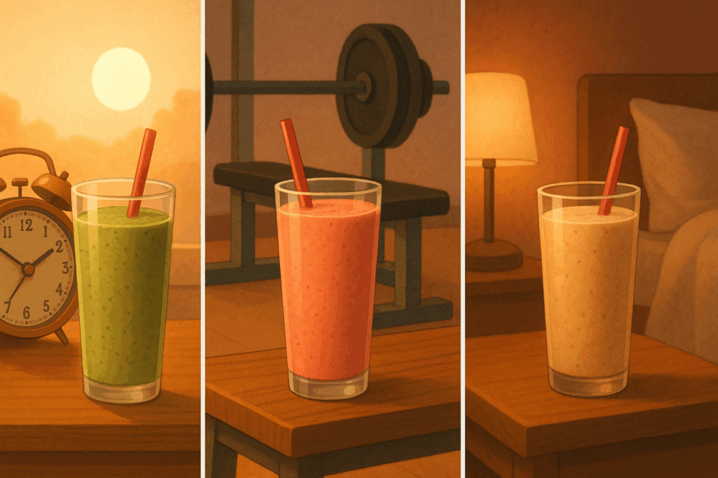 Three healthy smoothies at different times of day—morning with alarm clock, post-workout at gym, and evening bedside for relaxation