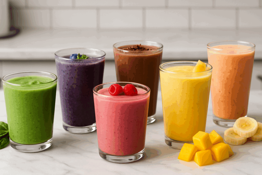 Colorful lineup of seven healthy smoothies in clear glasses, including green, berry, chocolate, and tropical blends on a modern kitchen counter.
