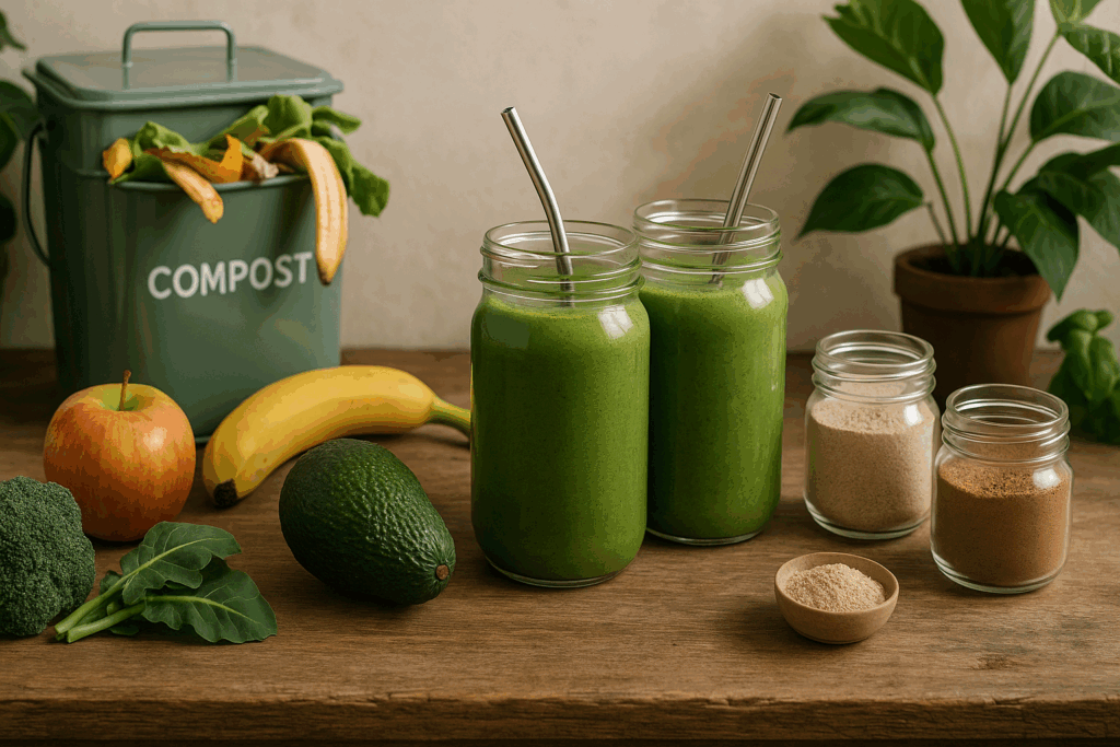 Eco-friendly kitchen setup with healthy smoothies in glass jars, metal straws, organic fruits, and compost bin on rustic counter.
