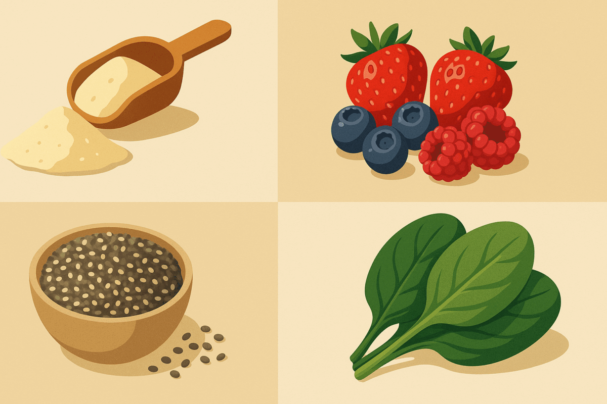Infographic showing essential ingredients for healthy smoothies, including protein powder, berries, chia seeds, and spinach