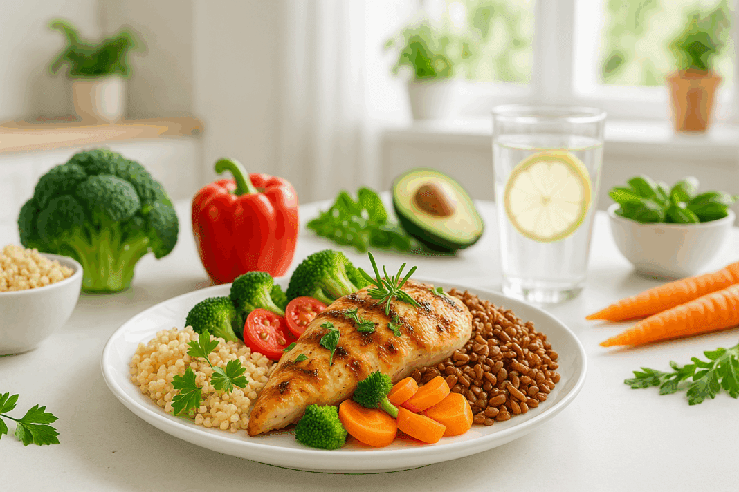 Grilled healthy chicken dish served with quinoa, brown rice, fresh vegetables, and lemon water in a bright kitchen setting.