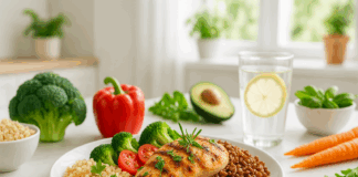 Grilled healthy chicken dish served with quinoa, brown rice, fresh vegetables, and lemon water in a bright kitchen setting.