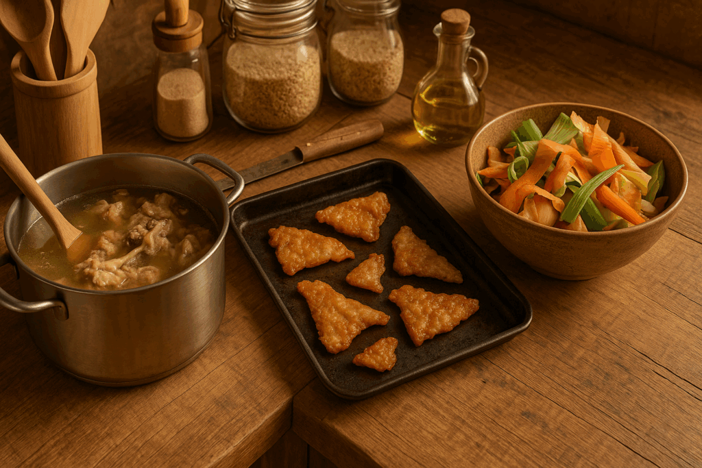 Zero-waste healthy chicken dish in a rustic kitchen with broth simmering, crispy chicken skin on a tray, and vegetable scraps prepped for reuse.