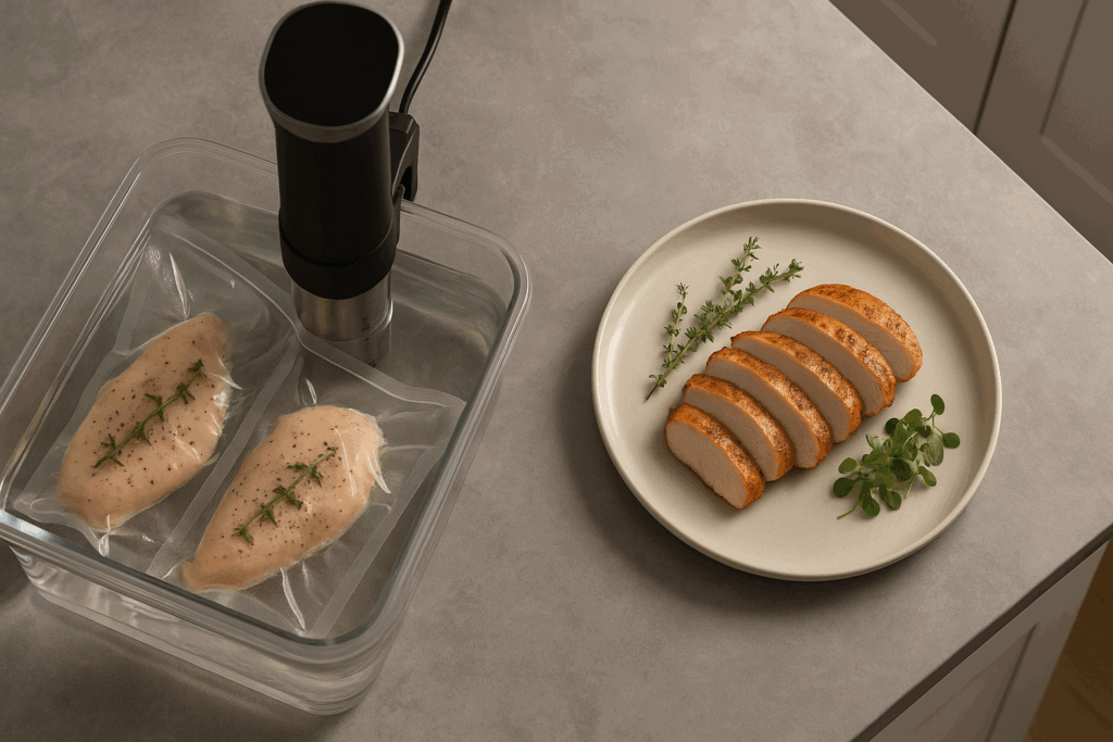 Sous-vide setup with vacuum-sealed chicken in a water bath beside a plated healthy chicken dish garnished with thyme and microgreens