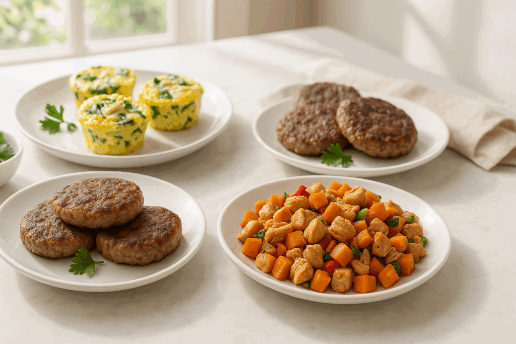 Healthy chicken dish featuring chicken sausage patties, egg muffins with spinach and chicken, and sweet potato hash on white plates in morning sunlight.