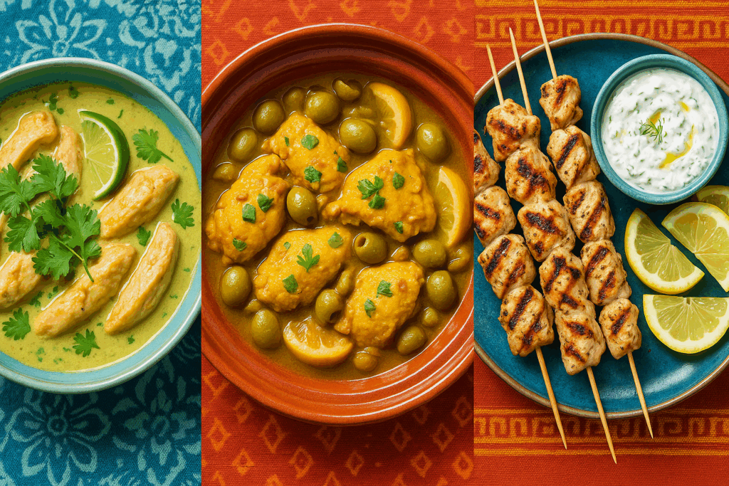 Overhead view of three vibrant healthy chicken dish varieties—Thai coconut-lime curry, Moroccan chicken tagine with olives and lemon, and Greek grilled skewers with tzatziki—served in colorful cultural tableware.