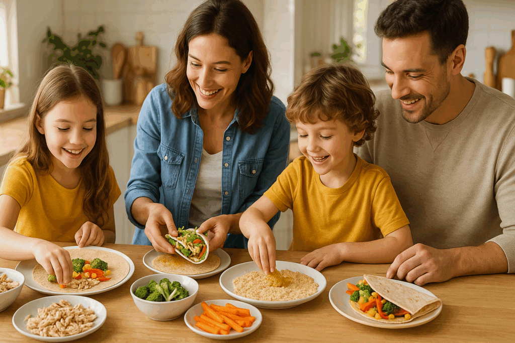 Smiling family in a bright kitchen preparing a healthy chicken dish with whole wheat wraps, colorful vegetables, and breaded tenders together.