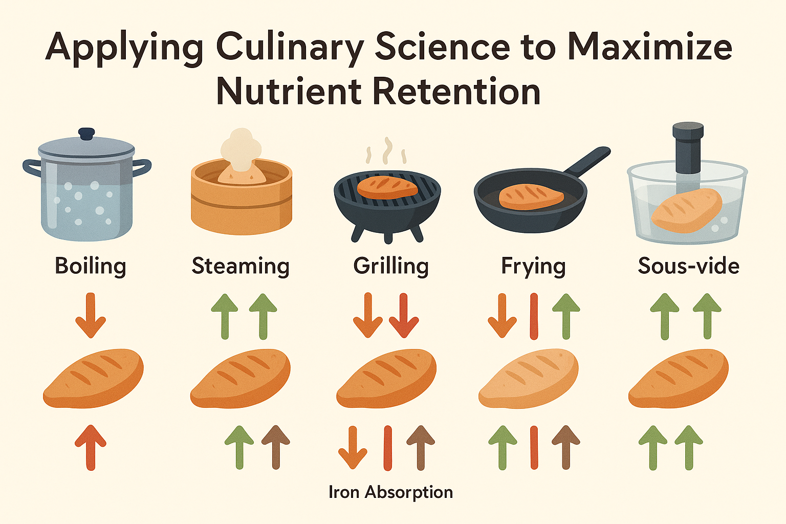 Infographic comparing cooking methods for a healthy chicken dish, showing nutrient retention in boiling, steaming, grilling, frying, and sous-vide