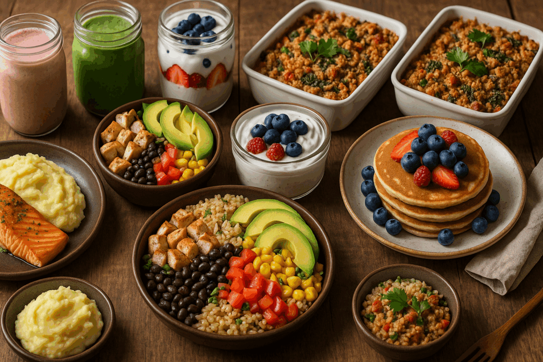 Rustic wooden table filled with colorful high calorie meal ideas like salmon with mashed potatoes, burrito bowls, pancakes, parfaits, and casseroles.