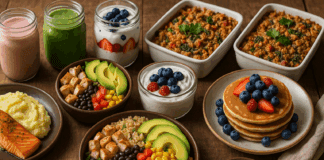 Rustic wooden table filled with colorful high calorie meal ideas like salmon with mashed potatoes, burrito bowls, pancakes, parfaits, and casseroles.