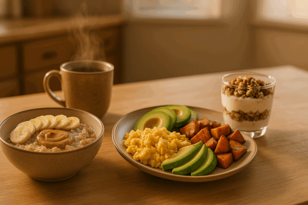 High calorie meal ideas featuring peanut butter banana oatmeal, scrambled eggs with avocado and sweet potatoes, and Greek yogurt parfait on a sunny kitchen counter.