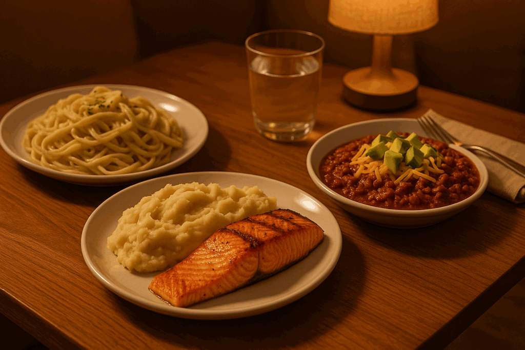 Athlete-style lunch plate with chicken burrito bowl, tuna pasta salad, and beef quinoa bowl—perfect for high calorie meal ideas.