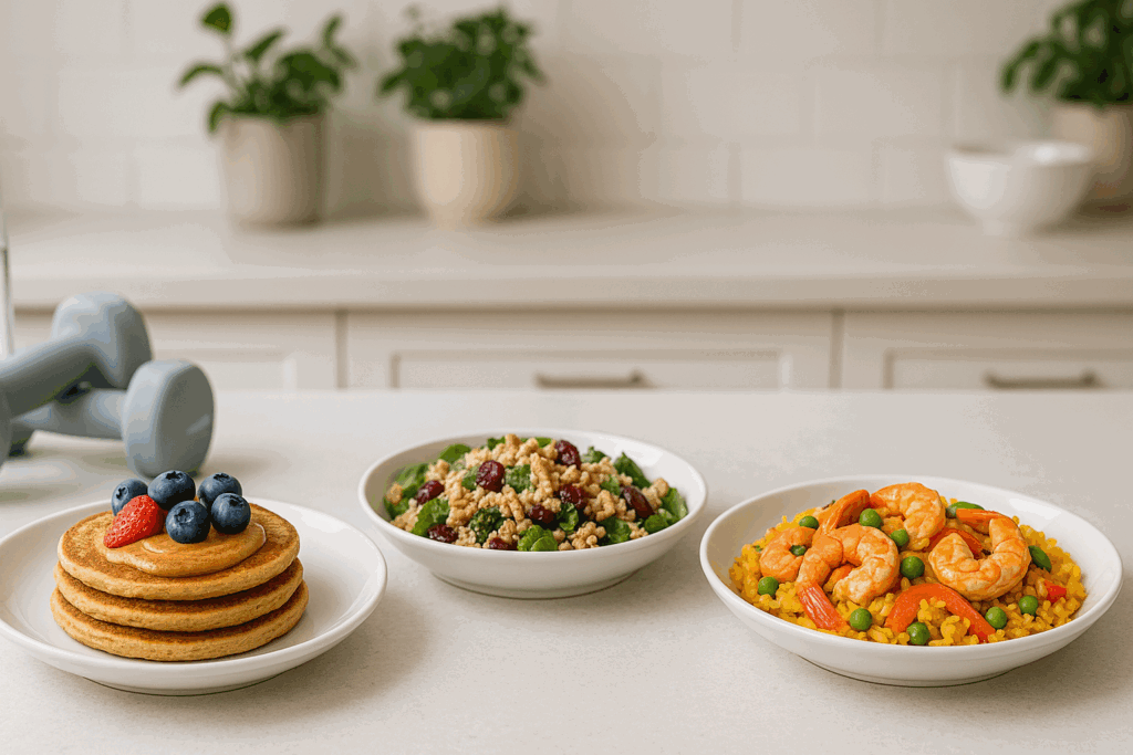 Healthy high calorie meal ideas including almond flour protein pancakes with berries, quinoa salad with cranberries, and shrimp paella.