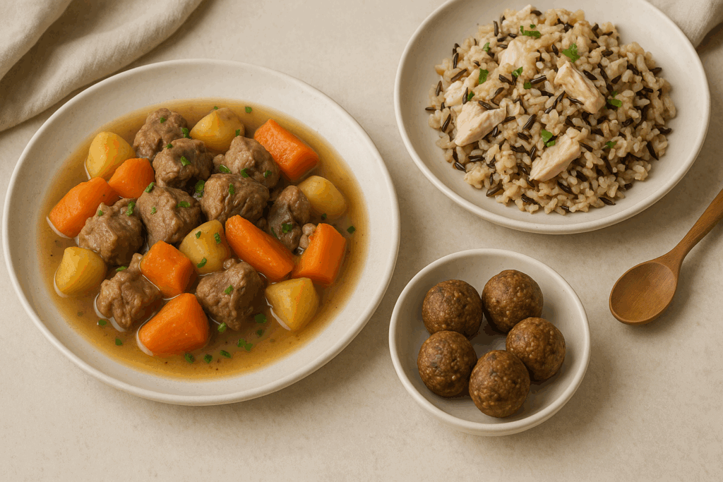 Lamb stew with carrots and potatoes, wild rice chicken casserole, and nut-based energy bites styled on neutral dishes, showcasing high calorie meal ideas for digestive comfort.
