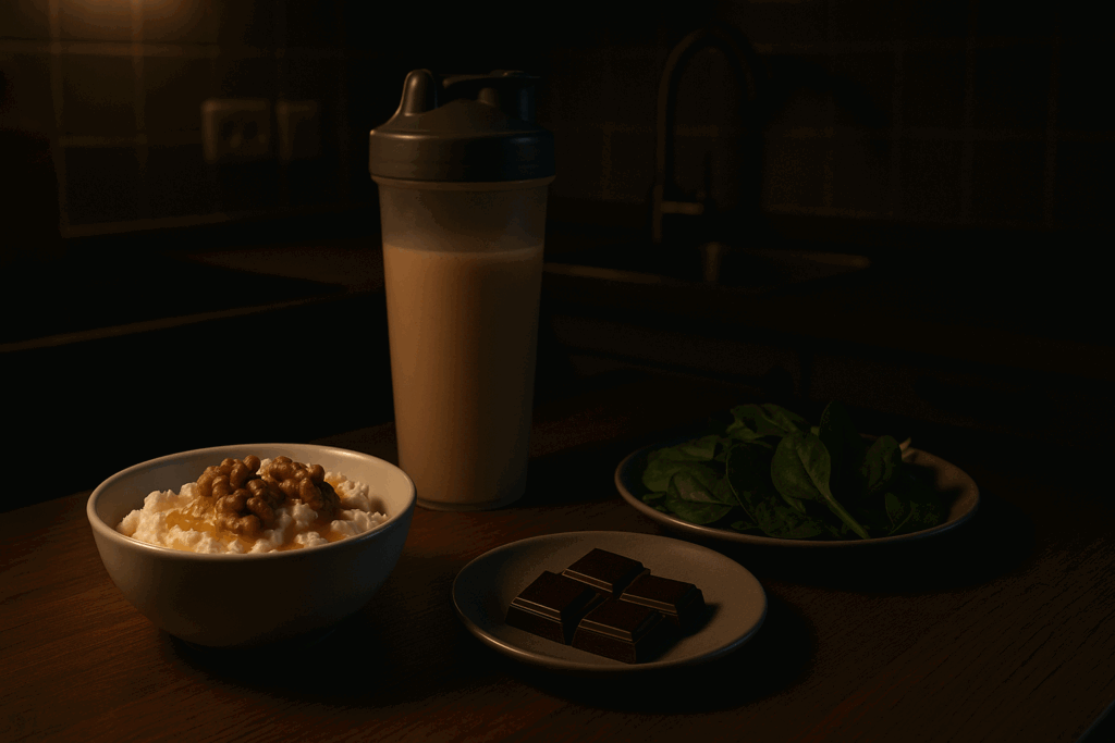 Bedtime snack setup with cottage cheese, walnuts, honey, dark chocolate, leafy greens, and a protein shake as part of high calorie meal ideas for muscle recovery.