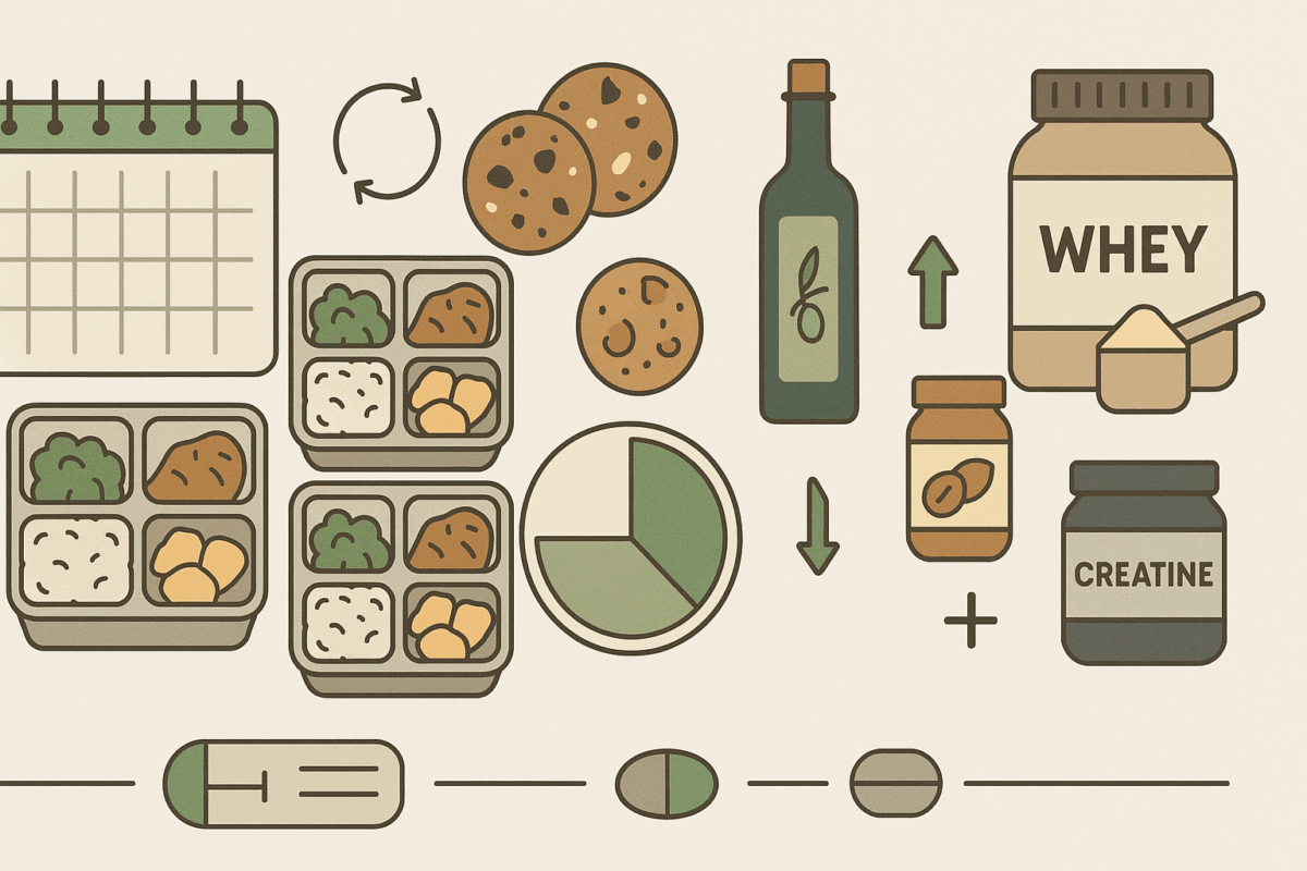 Infographic showing high calorie meal ideas with meal prep containers, snacks, oils, and supplements for weight gain planning