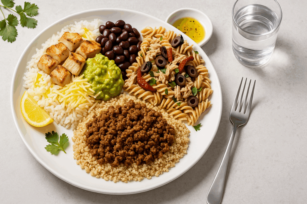 Athlete-style lunch plate with chicken burrito bowl, tuna pasta salad, and ground beef quinoa bowl, showcasing high calorie meal ideas.