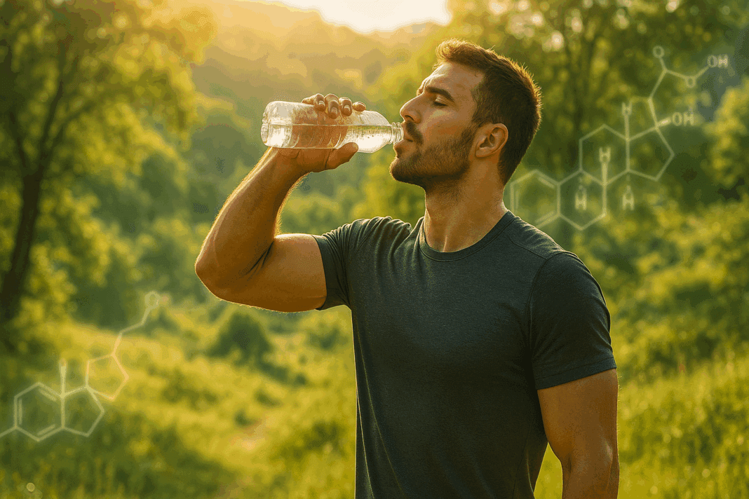 Fit man drinking water from a bottle outdoors with hormone visuals in background, illustrating the question: does drinking water increase testosterone.