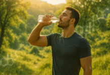 The Surprising Truth About Hydration and Hormones: Does Drinking Water Increase Testosterone? Fit man drinking water from a bottle outdoors with hormone visuals in background, illustrating the question: does drinking water increase testosterone.