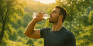 Fit man drinking water from a bottle outdoors with hormone visuals in background, illustrating the question: does drinking water increase testosterone.