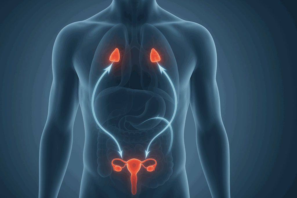 Scientific diagram of the human endocrine system highlighting hormone pathways from adrenal glands, testes, and ovaries—supports article exploring does drinking water increase testosterone