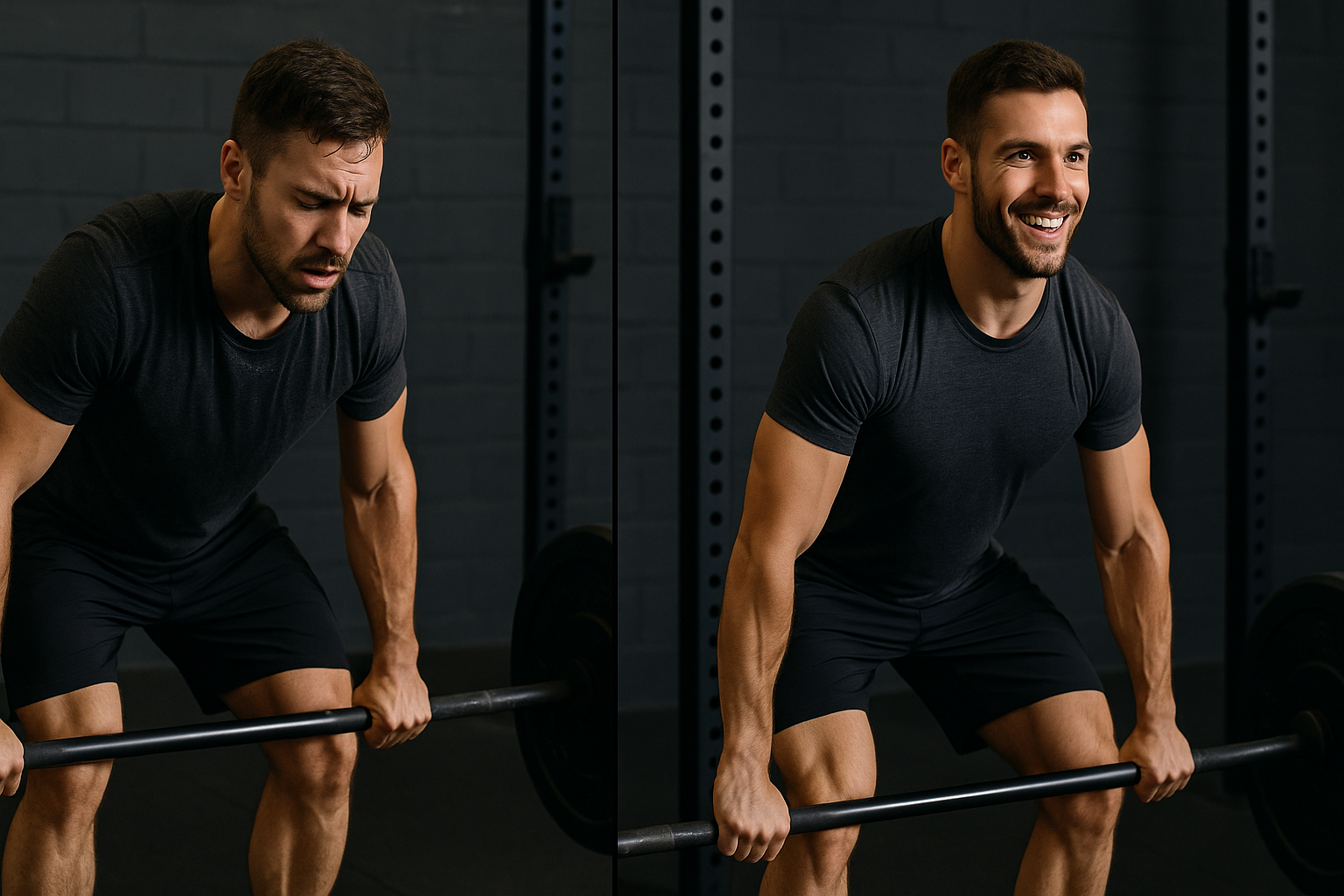 Split-screen of a fatigued athlete and an energetic version of the same man lifting weights in a gym, illustrating how hydration answers the question: does drinking water increase testosterone.