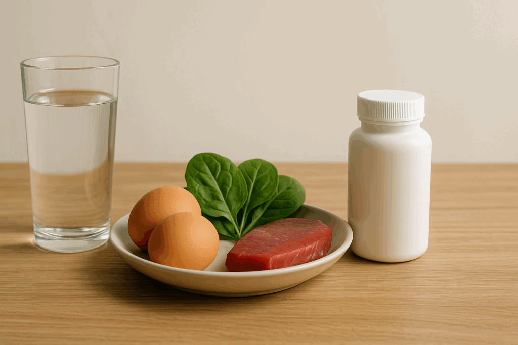 Glass of water beside a plate of eggs, leafy greens, and meat next to a supplement bottle on a wooden table, illustrating natural and supplemental options in the debate: does drinking water increase testosterone.