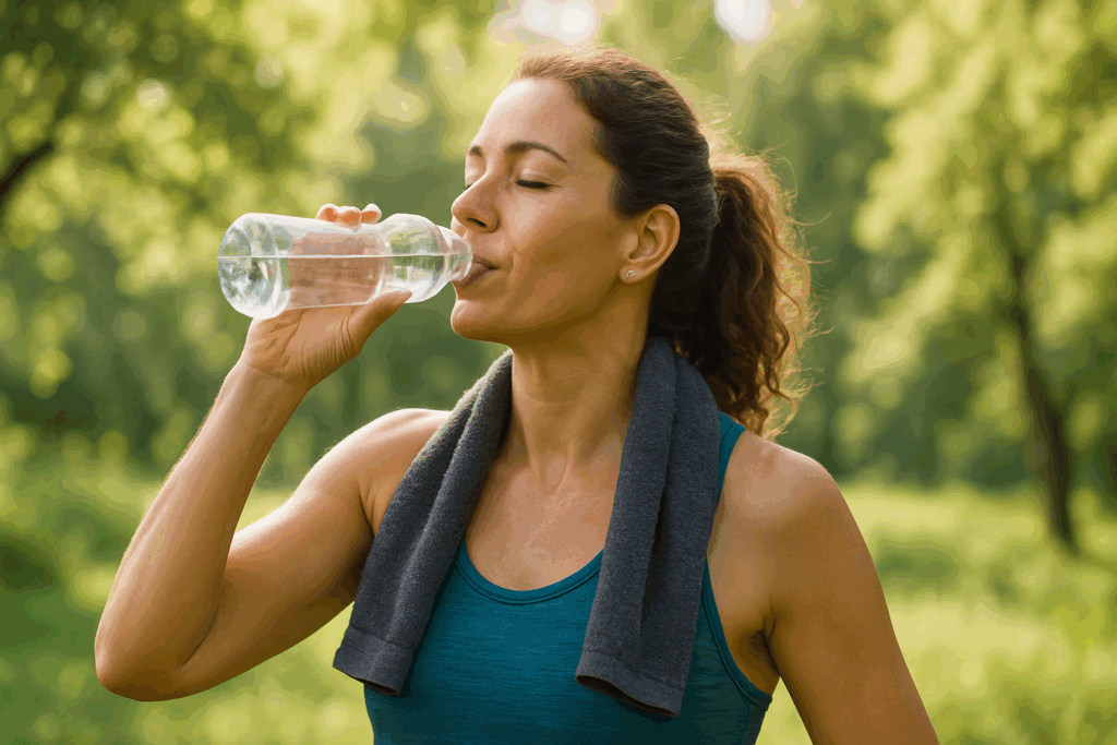 Fit woman in her 30s drinking water post-workout in a sunny park, symbolizing vitality and exploring does drinking water increase testosterone.