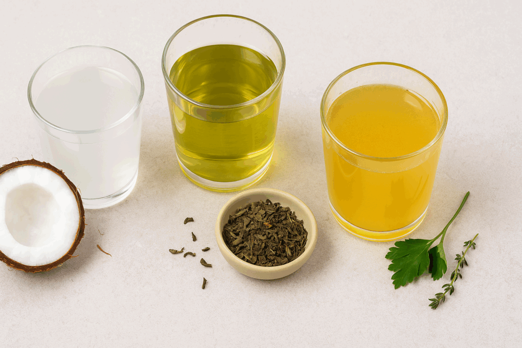 Top-down view of coconut water, green tea, and bone broth with fresh ingredients on a counter—exploring does drinking water increase testosterone naturally.