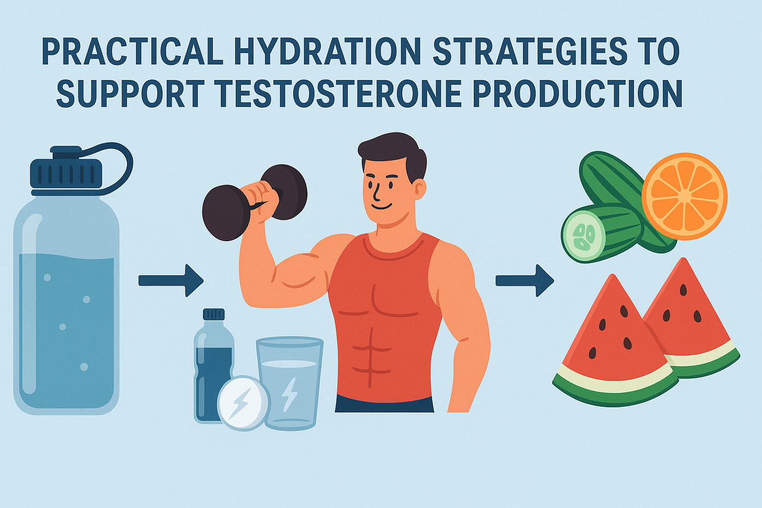 Infographic with water bottle, athlete, electrolytes, and hydrating fruits illustrating strategies that answer does drinking water increase testosterone
