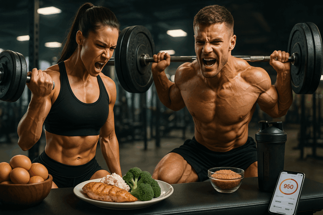 Muscular man and woman lifting weights in a gym with protein foods, digital tracker, and intense focus—how many calories should I eat to put on muscle.