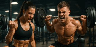 Muscular man and woman lifting weights in a gym with protein foods, digital tracker, and intense focus—how many calories should I eat to put on muscle.