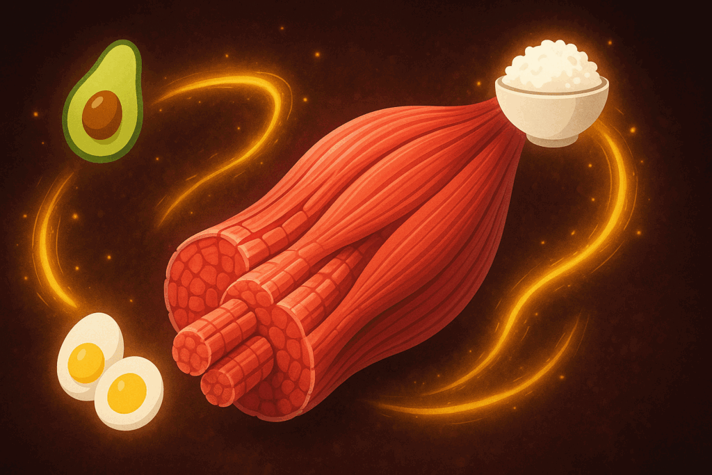 Illustration of muscle fibers repairing and growing post-workout, surrounded by calorie-dense foods like eggs, avocado, and rice—visually answering how many calories should i eat to put on muscle.