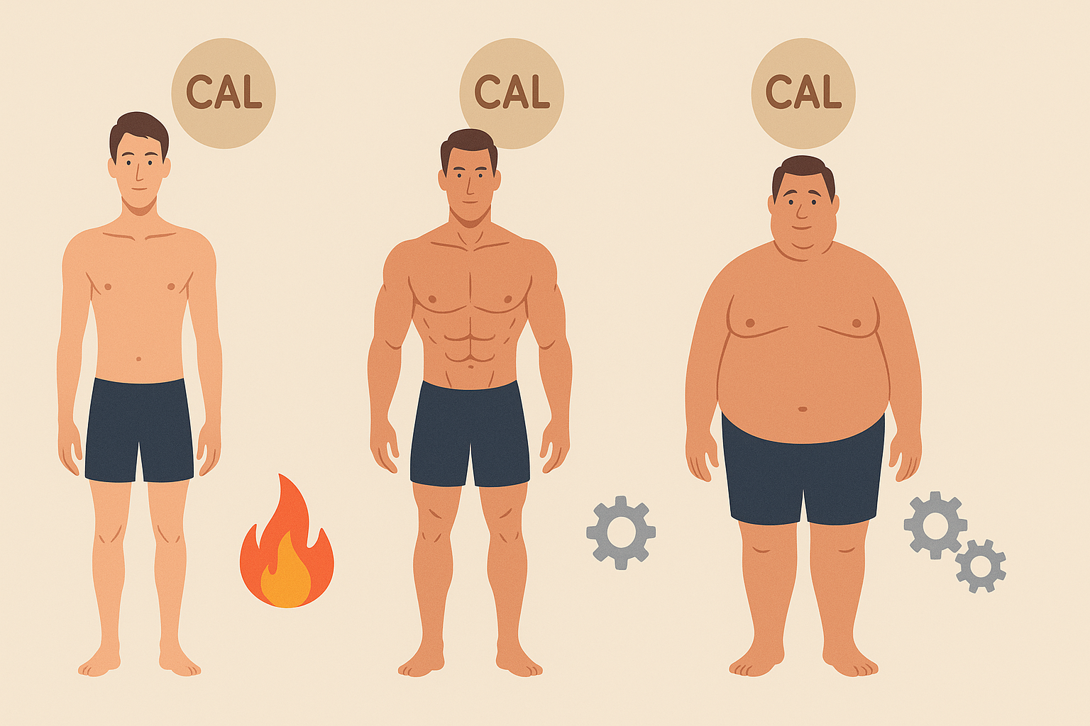 Stylized comparison of ectomorph, mesomorph, and endomorph male body types showing metabolism speed and muscle mass to illustrate how many calories should I eat to put on muscle.