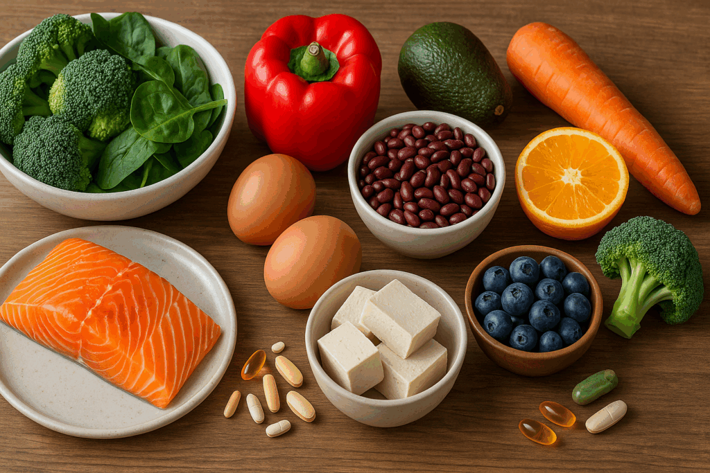 Nutrient-rich meal with salmon, eggs, tofu, beans, fruits, vegetables, and supplements, ideal for understanding how many calories should I eat to put on muscle.