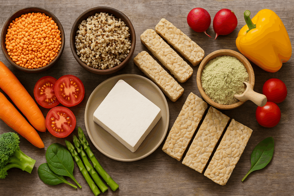 Flat lay of plant-based protein foods like lentils, quinoa, tofu, tempeh, and vegetables supporting a diet for how many calories should I eat to put on muscle.