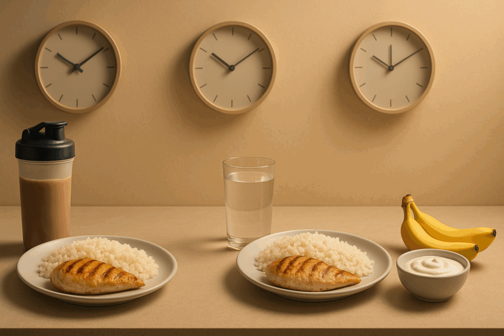 Pre-workout, post-workout, and nighttime meals with chicken, rice, yogurt, and bananas on a counter—illustrating how many calories should i eat to put on muscle.