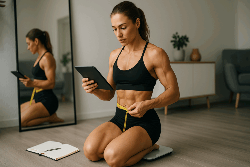 Fit woman tracking progress on a smart scale while measuring her waist and reviewing a food diary, visualizing how many calories should i eat to put on muscle.