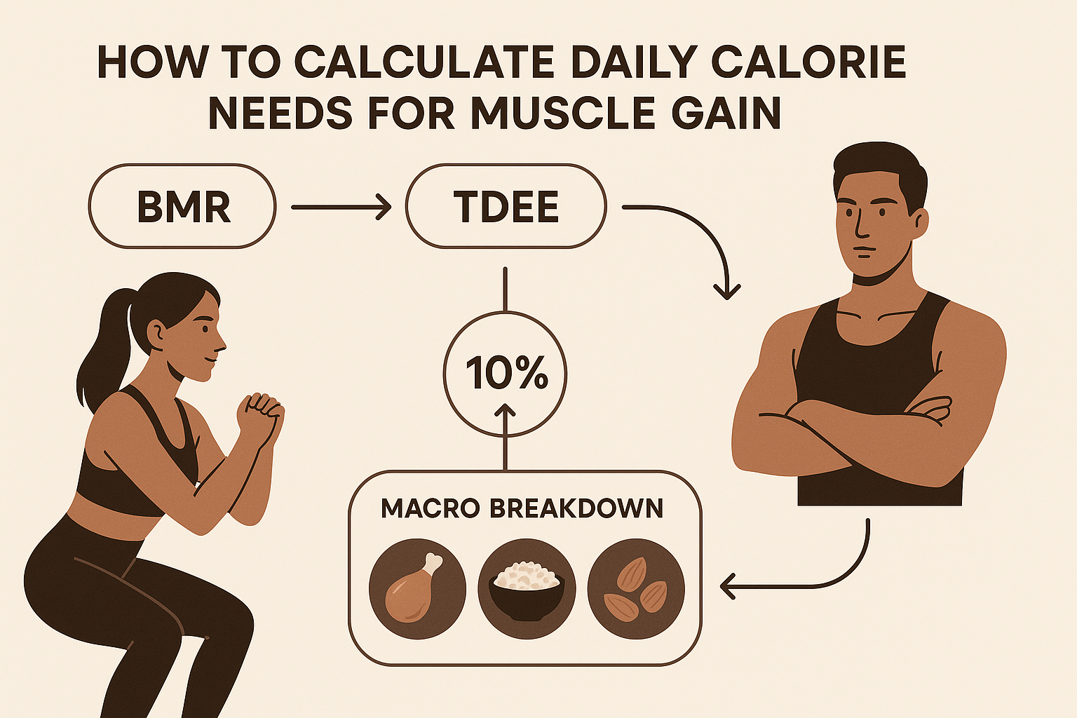 Infographic showing how many calories should I eat to put on muscle using BMR, TDEE, surplus, and macro breakdown with male and female figures