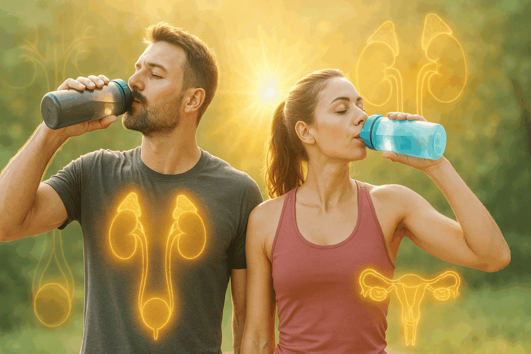 ChatGPT Image May 27, 2025, 11_45_06 PM Fit man and woman hydrating after exercise outdoors with glowing hormonal overlays, symbolizing vitality—does drinking water increase testosterone
